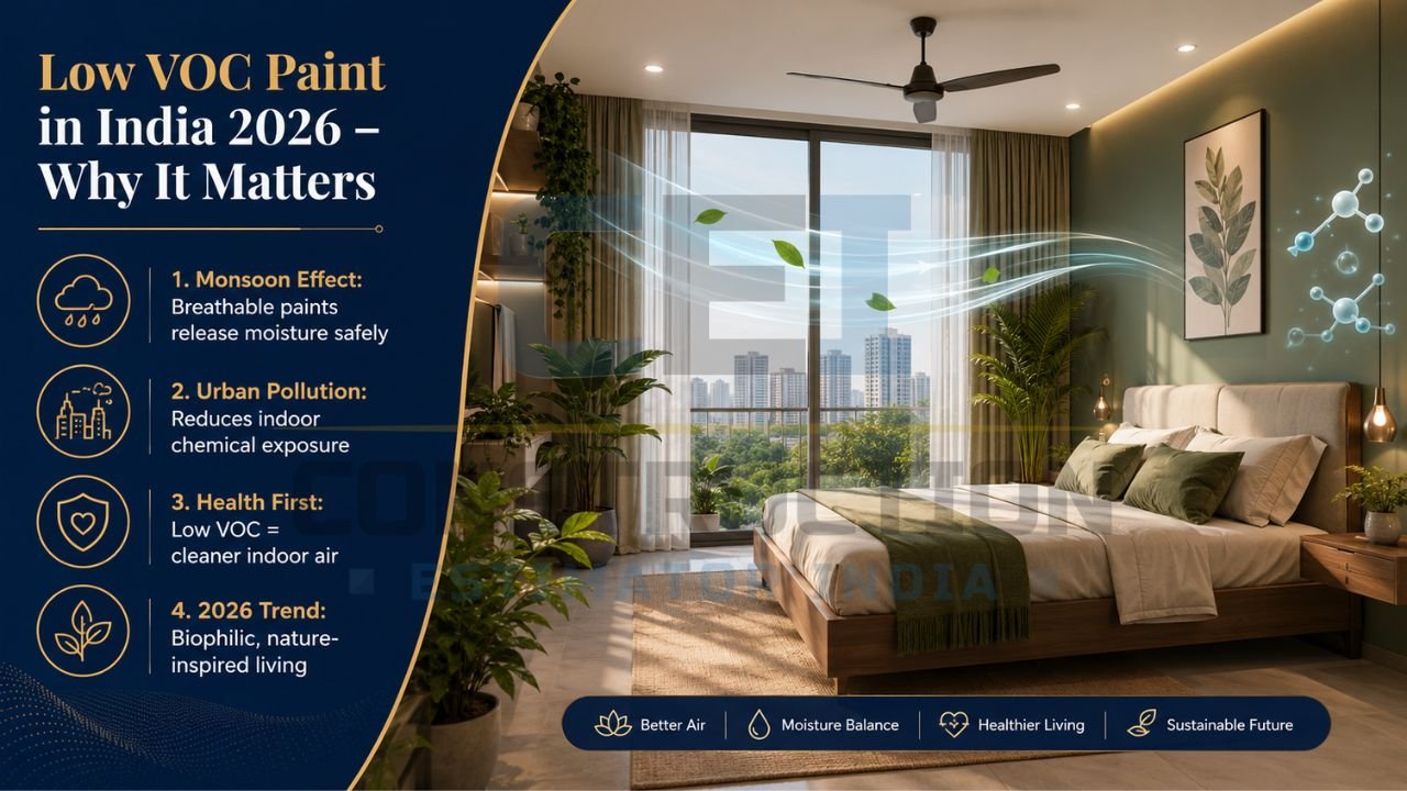 Low VOC paint infographic explaining healthier indoor air, moisture balance, and eco-friendly benefits in Indian homes