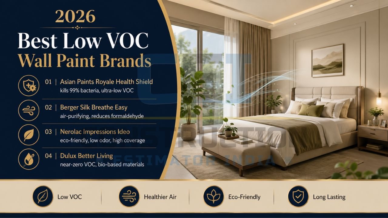 Low VOC wall paint brands infographic showing eco-friendly interior paints for healthier Indian homes