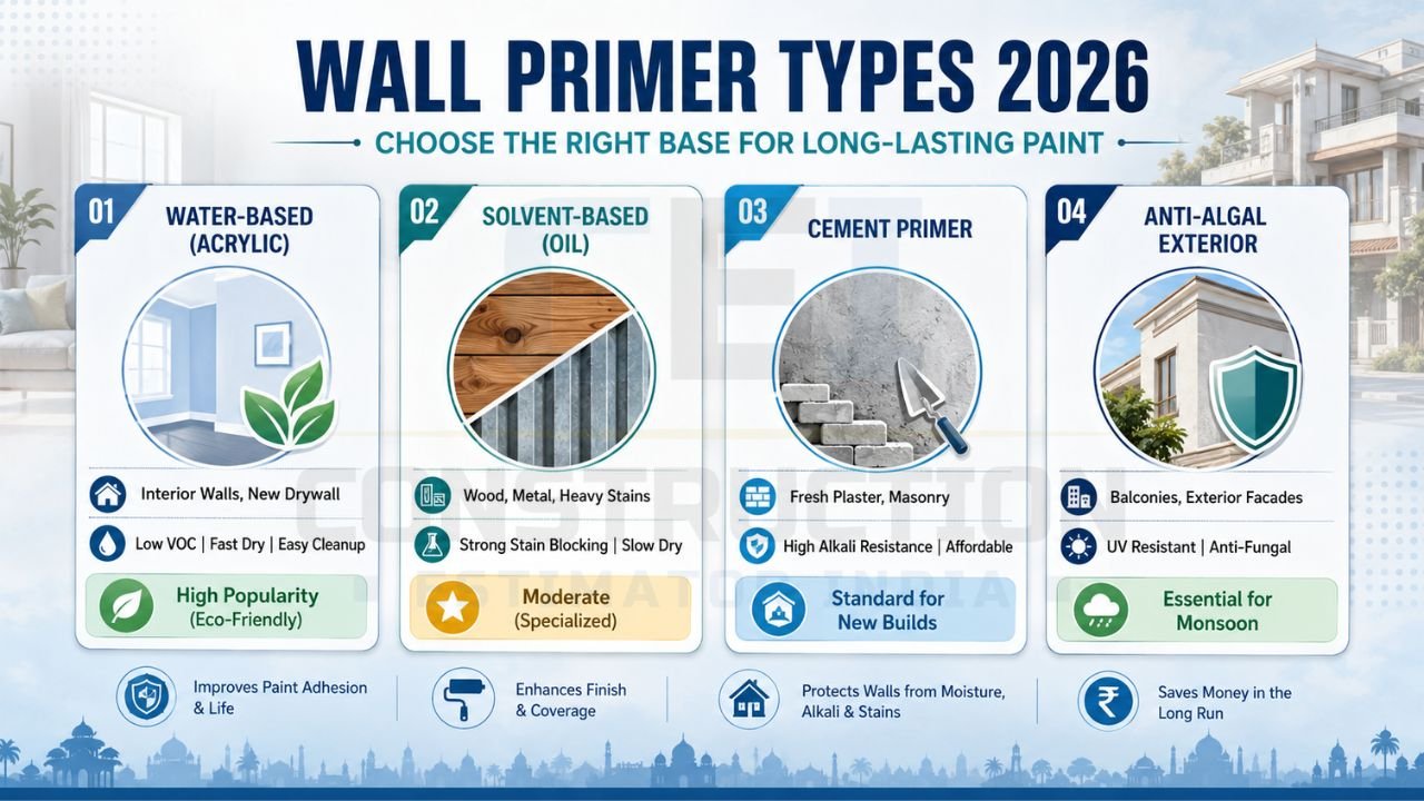 Comparison chart of different wall primer types including acrylic, oil-based, cement, and anti-algal primers