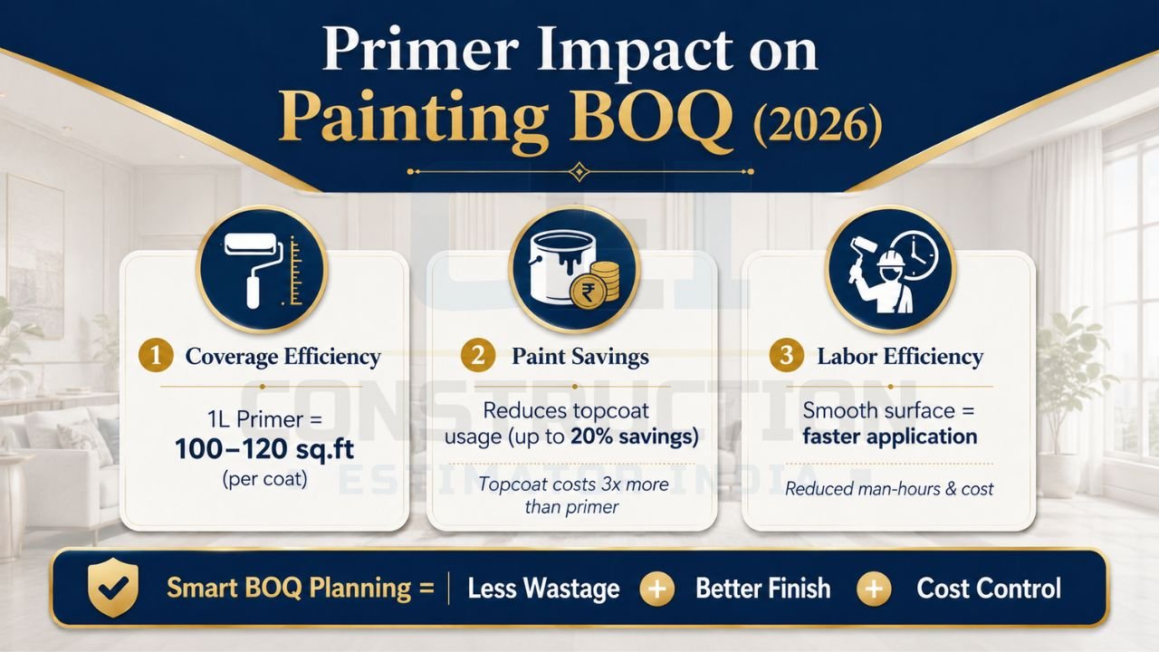 Infographic showing how wall primer improves paint coverage, reduces paint wastage, and increases labor efficiency