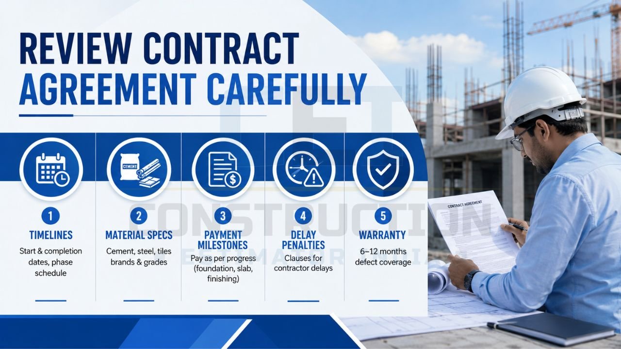 Construction contract review checklist showing project timelines, material specifications, payment milestones, delay penalty clauses, and warranty coverage before hiring a contractor.