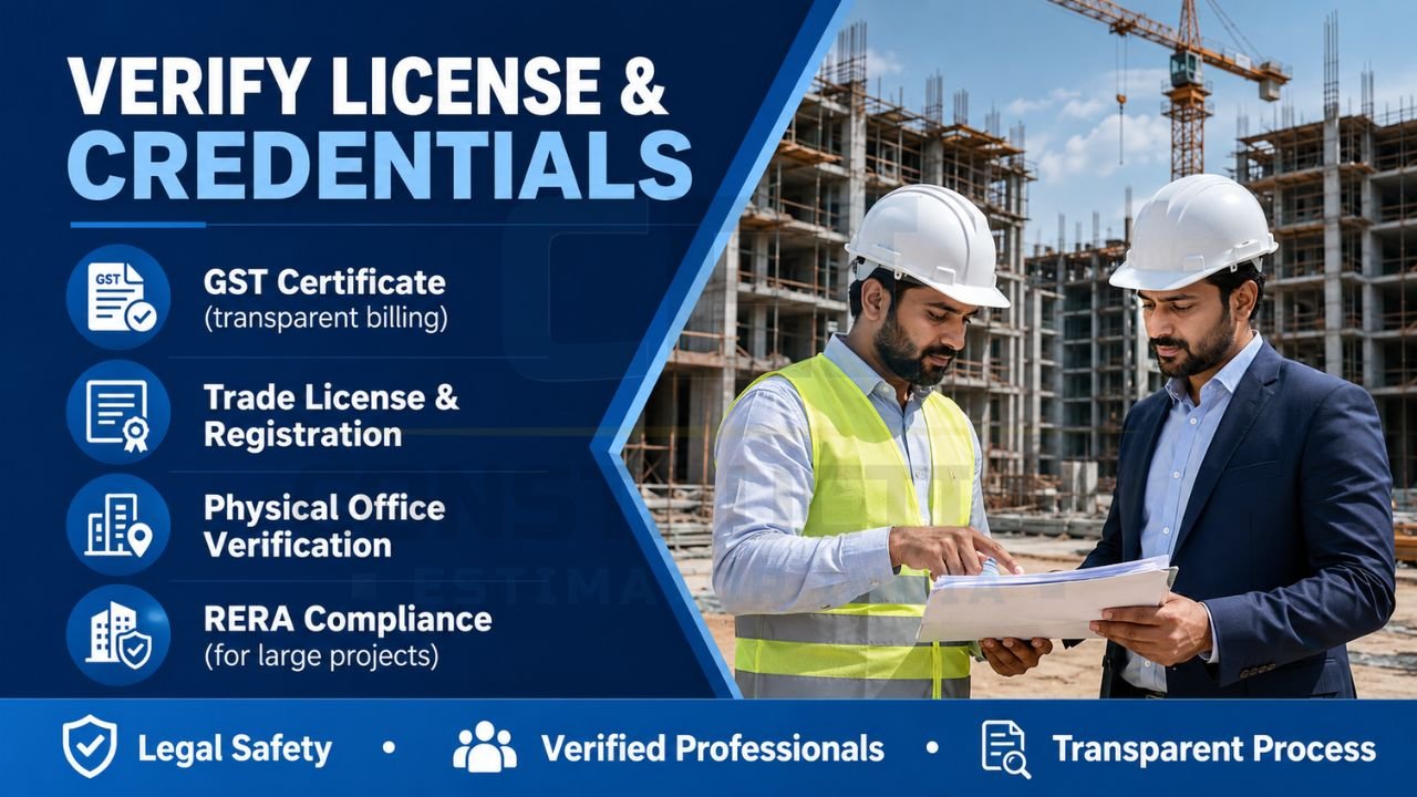 Contractor verification checklist featuring GST certificate, trade license, office verification, and RERA compliance checks before hiring a construction company.
