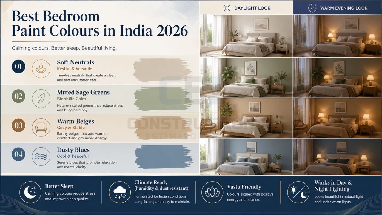 Best bedroom paint colour ideas in India 2026 featuring soft neutrals, sage green, warm beige, and dusty blue bedroom walls