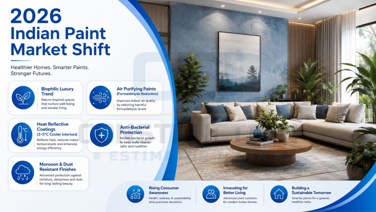 Indian paint market trends infographic showing air-purifying paints, anti-bacterial coatings, heat-reflective paints, and biophilic interiors
