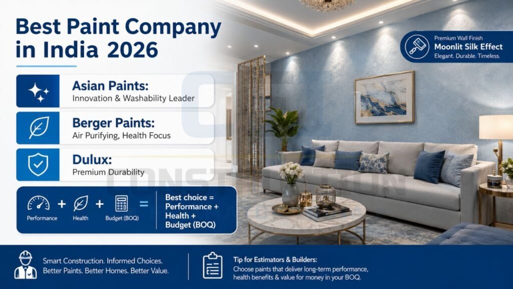 Comparison infographic featuring Asian Paints, Berger Paints, and Dulux for premium wall finishes and BOQ planning