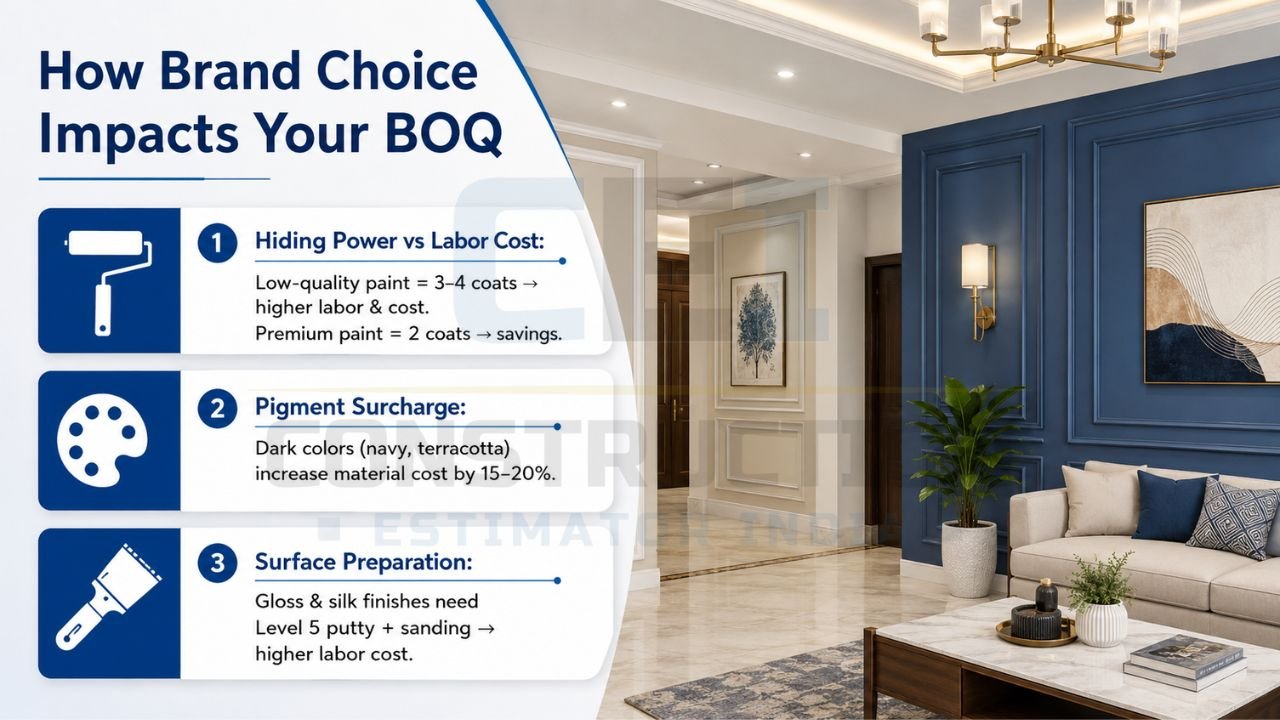 Paint BOQ infographic comparing premium and low-quality paint based on hiding power, labor cost, and surface preparation