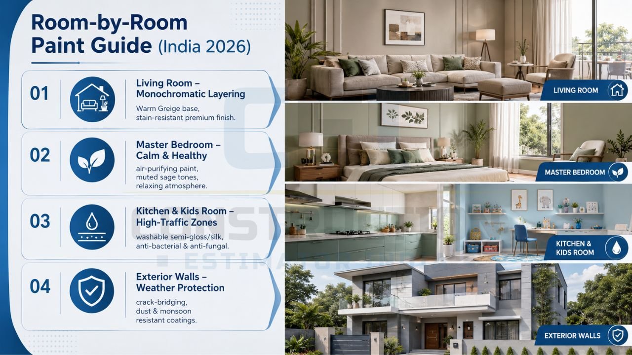 Indian room-by-room paint guide featuring living room, bedroom, kitchen, kids room, and exterior wall recommendations