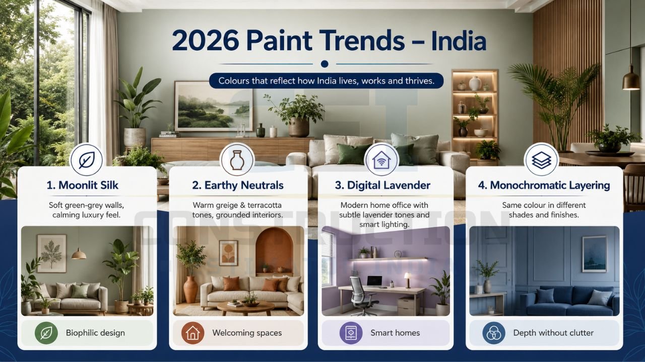 Modern Indian paint trend infographic showing earthy neutrals, moonlit silk shades, lavender interiors, and monochromatic layering