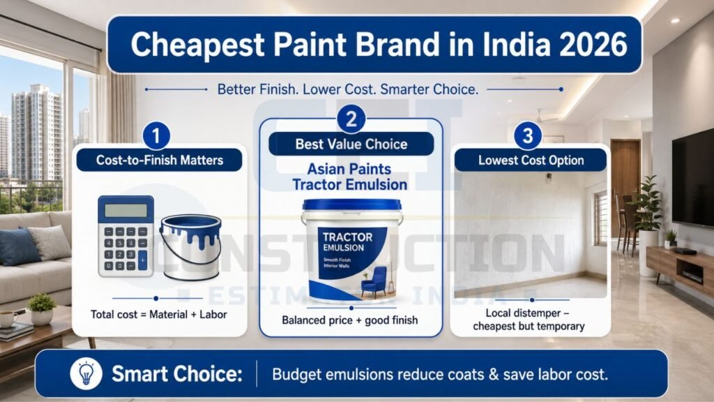 Cheapest paint brand comparison infographic featuring Asian Paints Tractor Emulsion and local distemper options