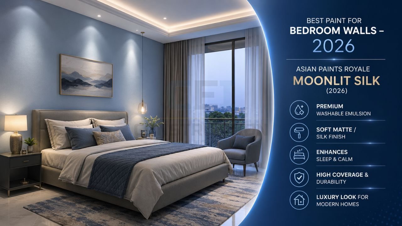 Modern luxury bedroom with Asian Paints Royale Moonlit Silk blue wall paint and premium silk finish design