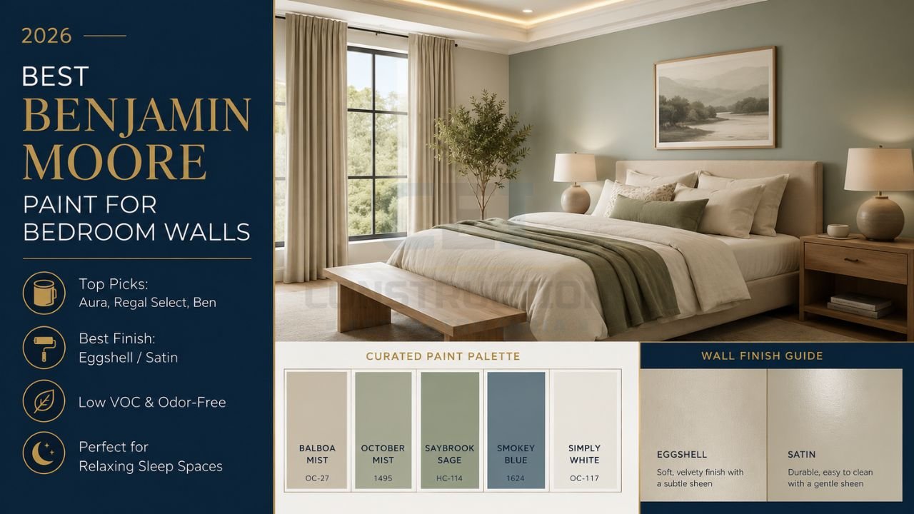 Modern bedroom with Benjamin Moore sage green wall paint and relaxing neutral bedroom color palette