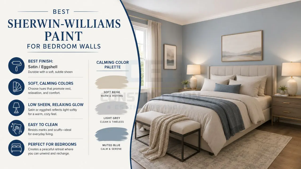 Modern bedroom with soft blue Sherwin-Williams wall paint and calming neutral bedroom color palette