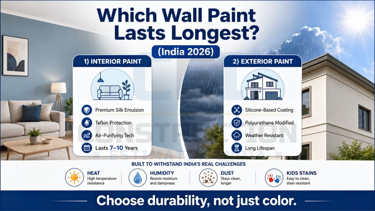 Which wall paint lasts longest in India 2026 infographic comparing interior and exterior paints with weather resistance, humidity protection, and durability features.
