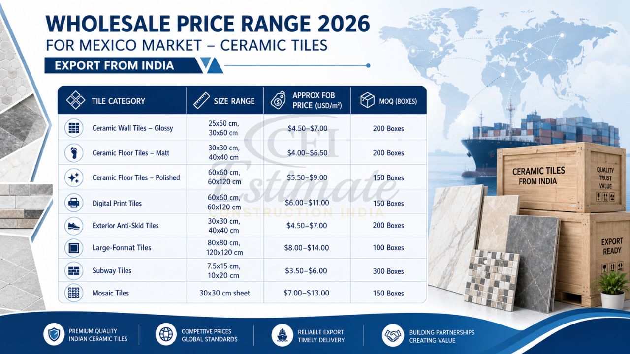 Wholesale price range 2026 for Mexico market showing ceramic tiles export from India with sizes, FOB pricing, and minimum order quantity details