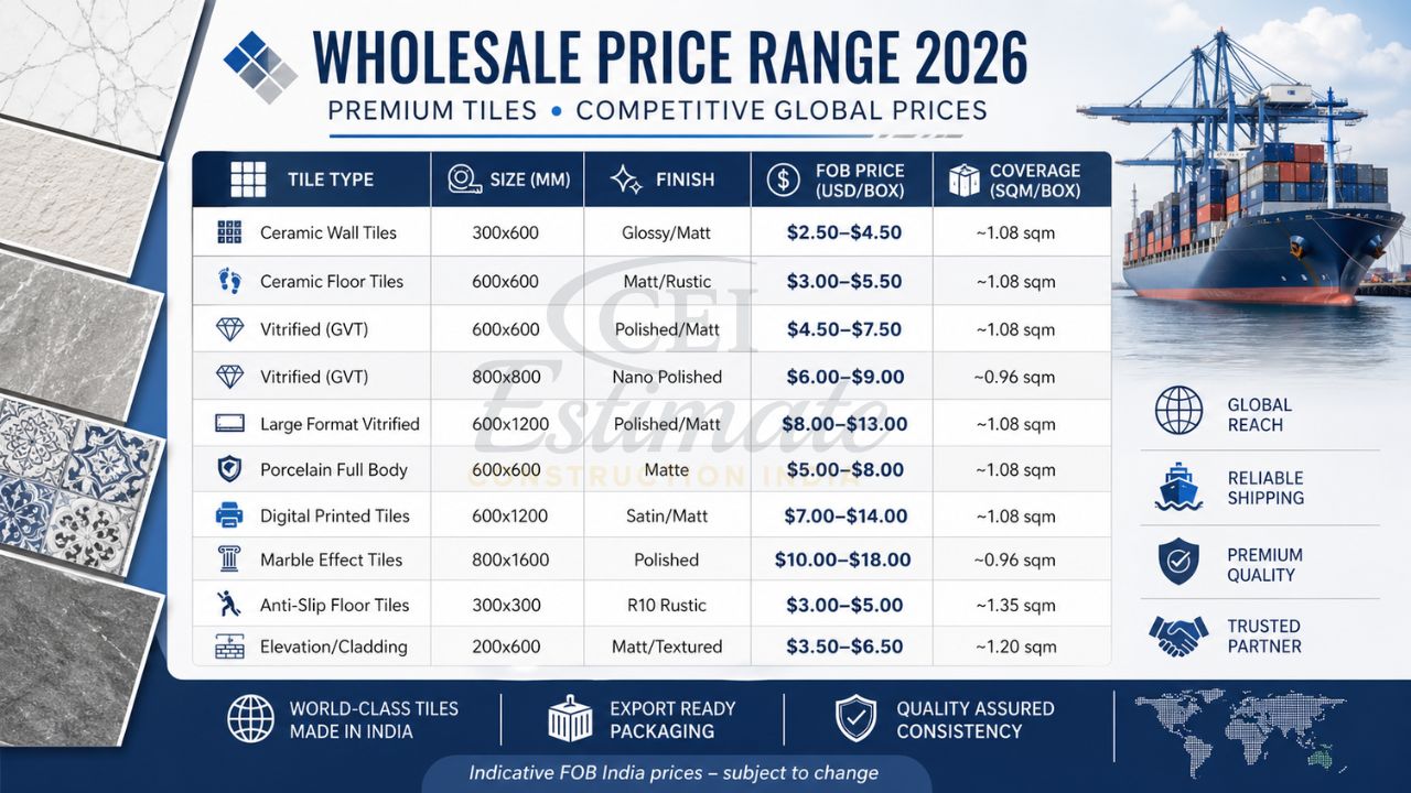 Wholesale price range 2026 for ceramic tiles showing tile types, sizes, finishes, FOB prices per box, and export-ready packaging from India