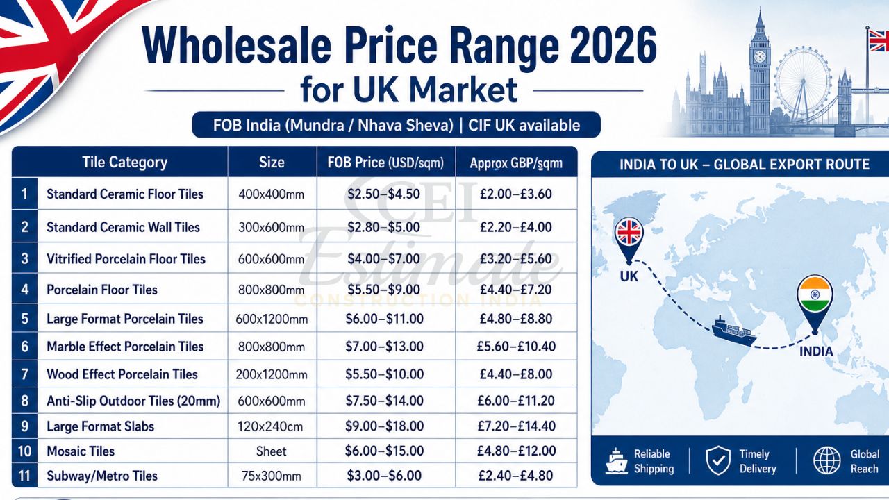Wholesale price range 2026 for UK market showing ceramic, porcelain, vitrified tiles with FOB pricing in USD and GBP and export route from India to UK
