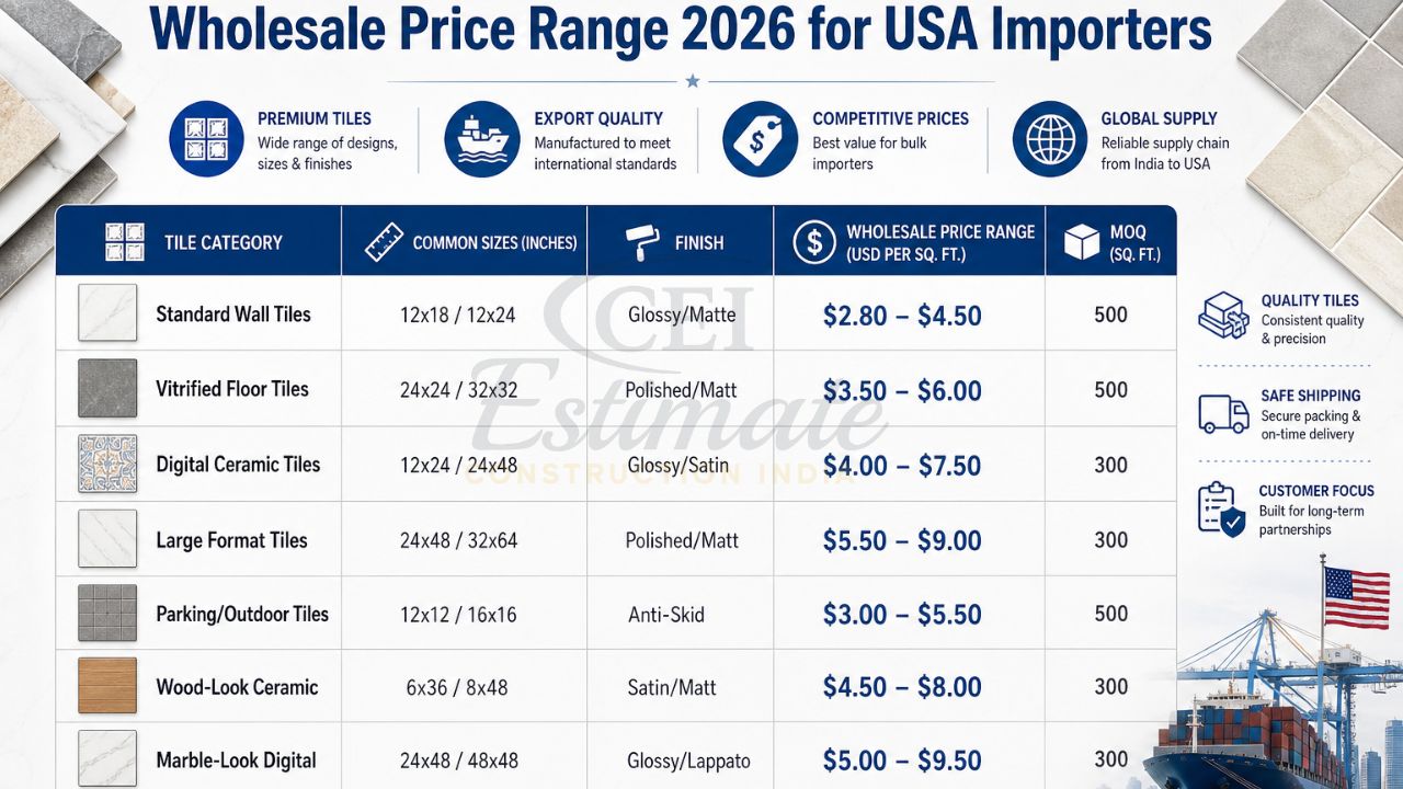 Wholesale price range 2026 for ceramic tiles in USA showing tile types, sizes, finishes, pricing per square foot, and minimum order quantity