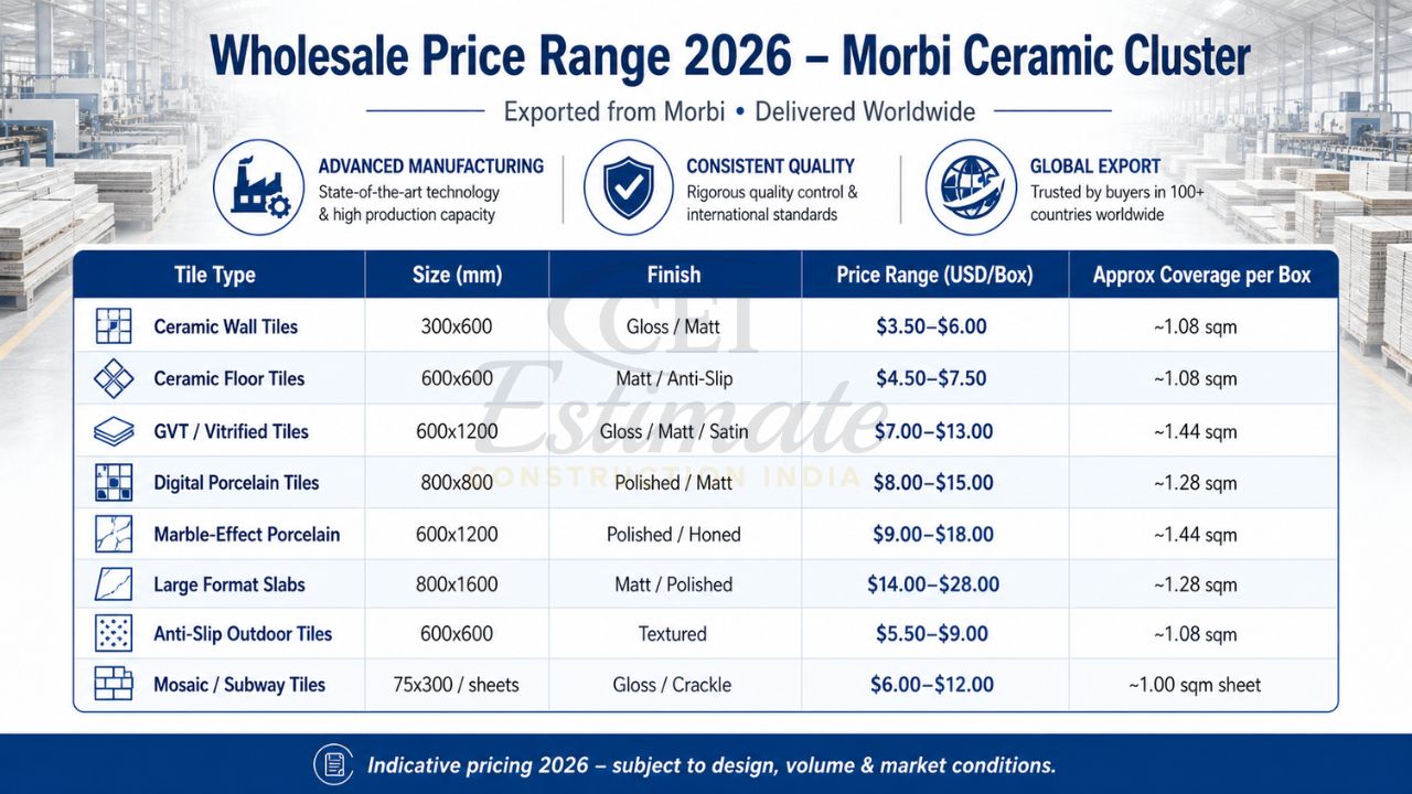 Wholesale price range 2026 from Morbi ceramic cluster showing tile types, sizes, finishes, price per box and coverage details