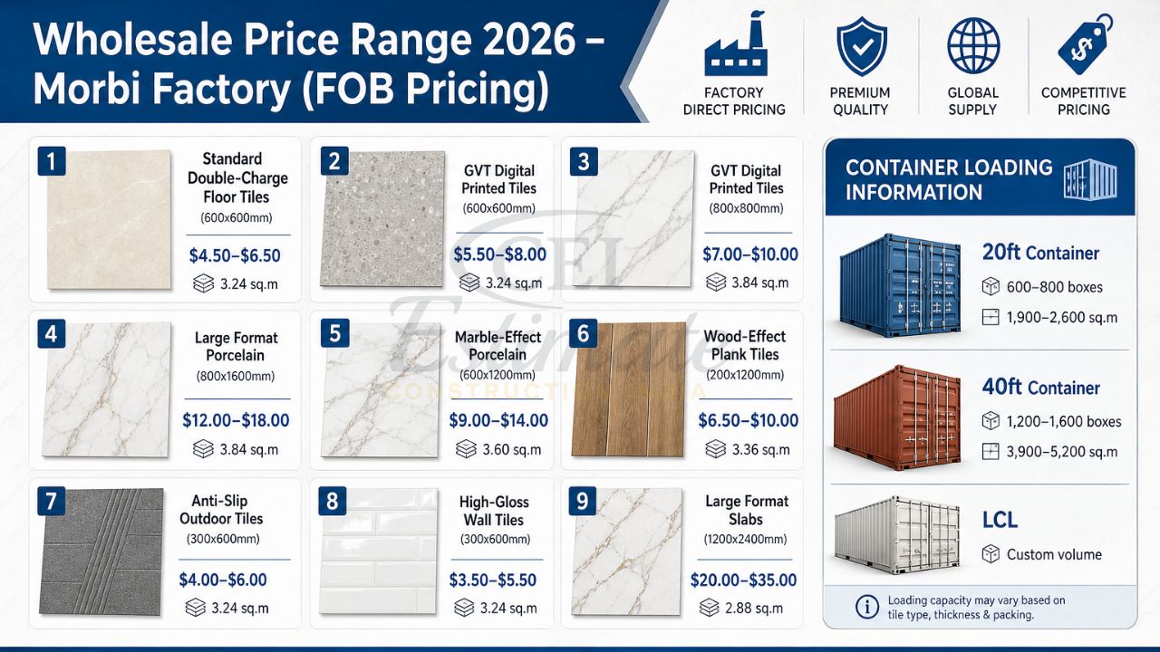 Wholesale tile price range 2026 from Morbi factory India with FOB pricing and container loading details for ceramic and porcelain tiles export