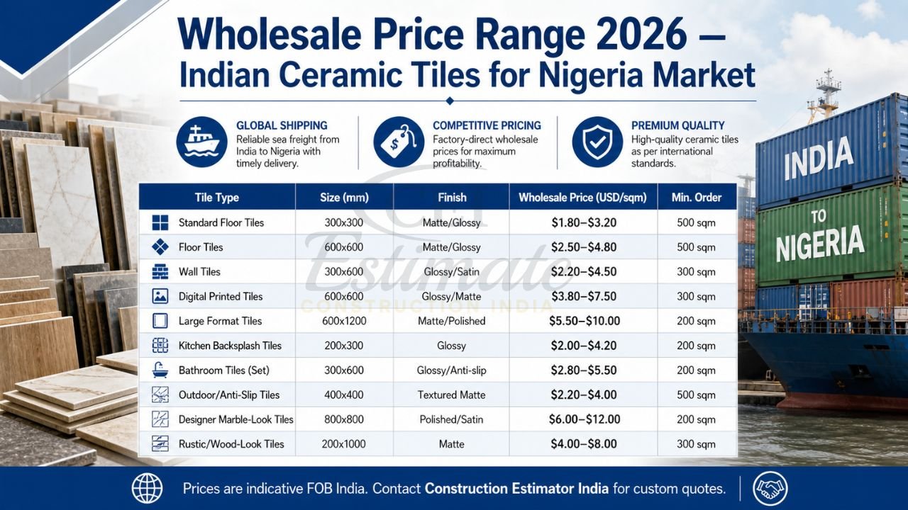 Wholesale price range 2026 for Indian ceramic tiles export to Nigeria showing tile types, sizes, finishes, pricing per sqm and minimum order quantity