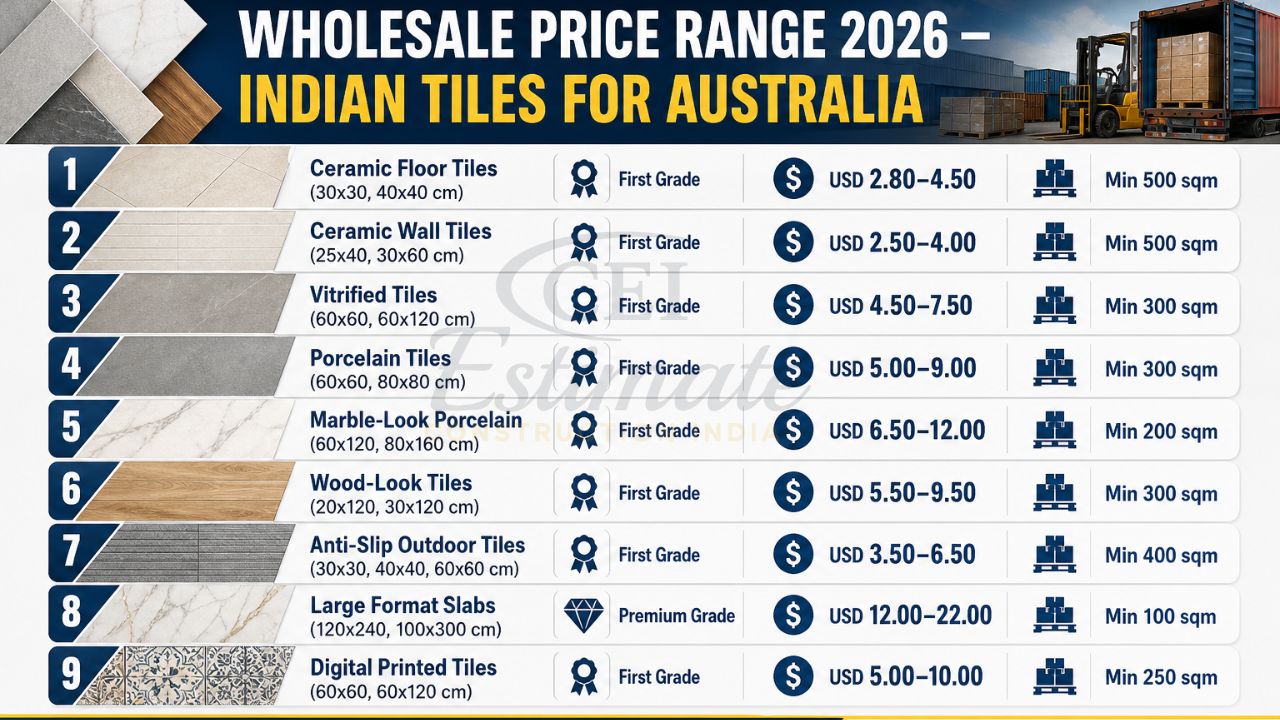 Wholesale price range 2026 for Indian tiles export to Australia showing ceramic, vitrified, porcelain tiles, pricing per sqm and minimum order quantity