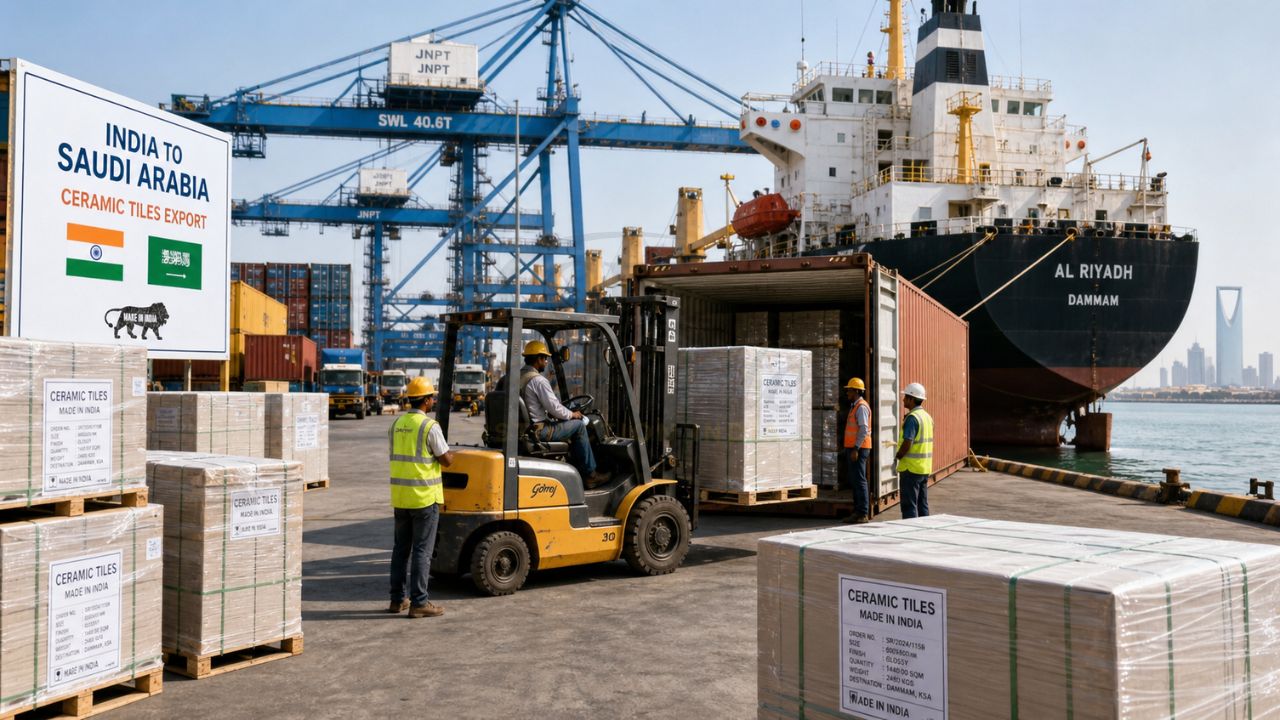 Ceramic tiles export from India to Saudi Arabia with forklift loading cargo containers at seaport terminal