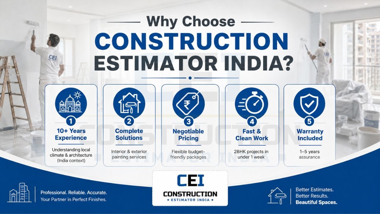 Why choose Construction Estimator India for professional painting and construction estimating services with experienced contractors, negotiable pricing, fast work, and warranty support.