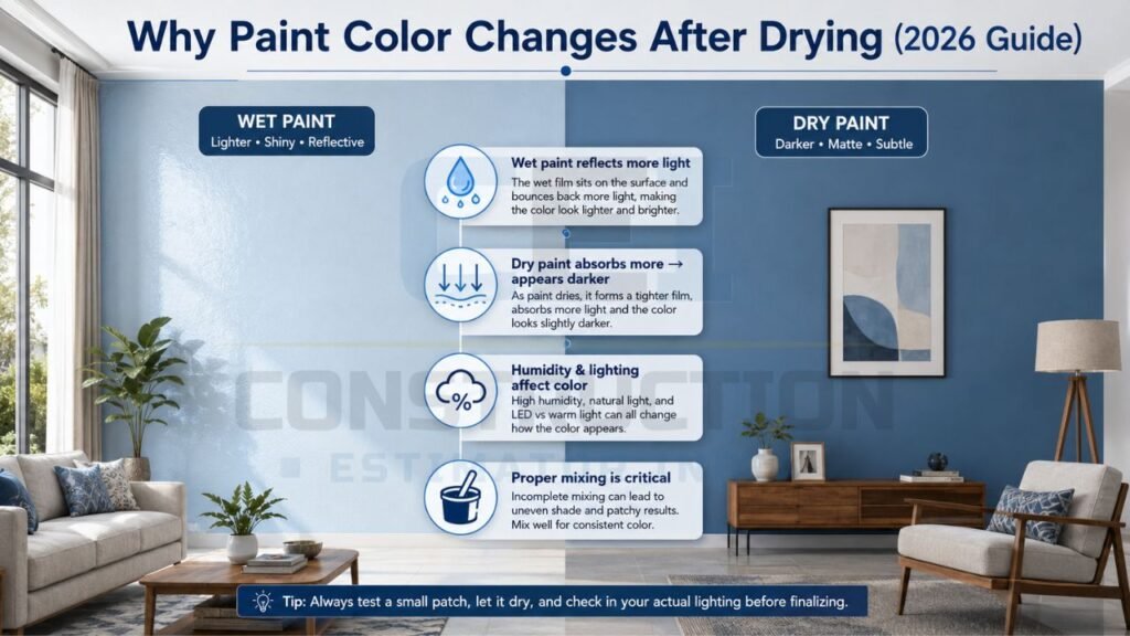 Wet paint versus dry paint infographic showing how lighting, humidity, and drying affect paint color appearance