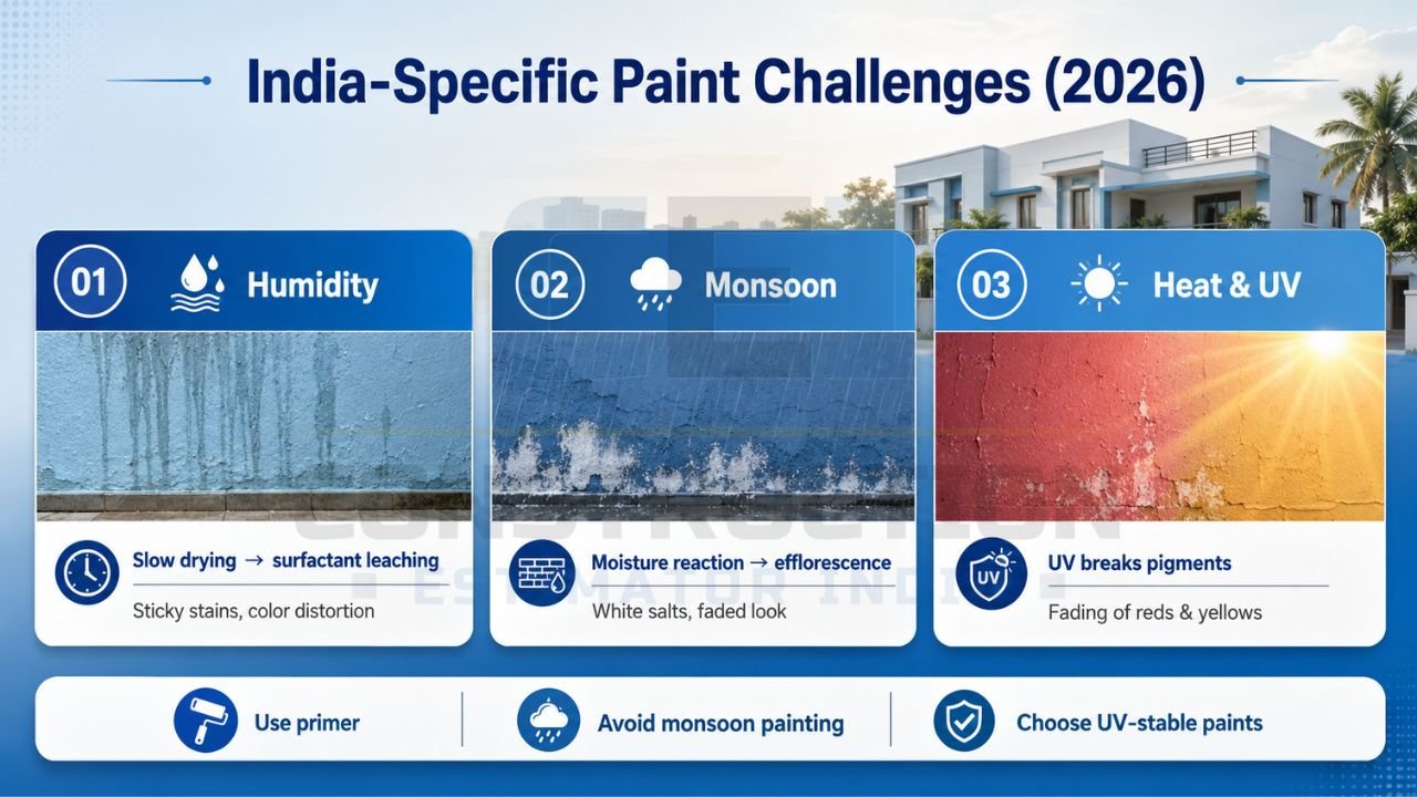 Climate-related paint damage infographic showing humidity, monsoon, and UV exposure effects on walls