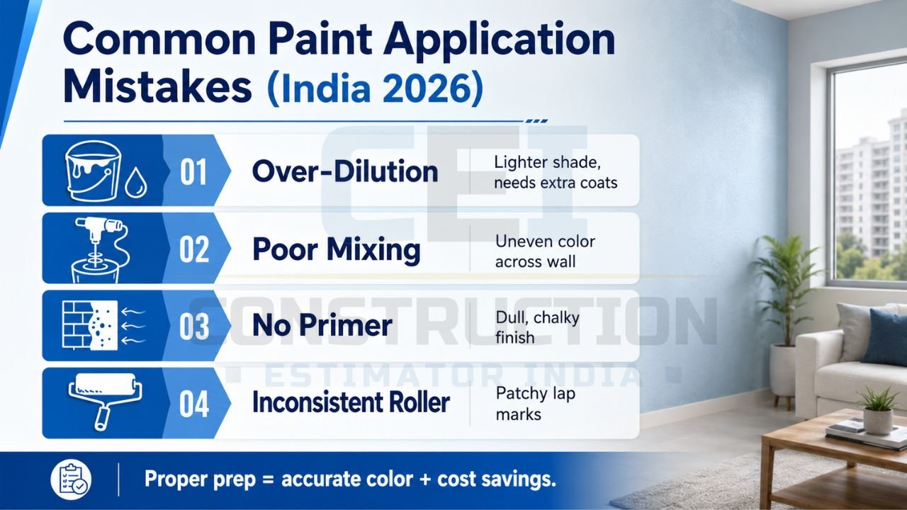 Paint application mistakes infographic showing over-dilution, poor mixing, missing primer, and roller inconsistencies