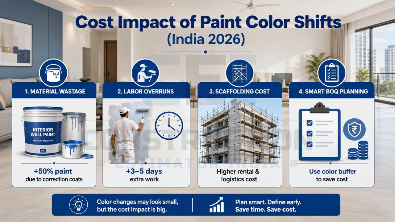 Paint color correction cost infographic showing material wastage, labor overruns, and scaffolding expenses in India