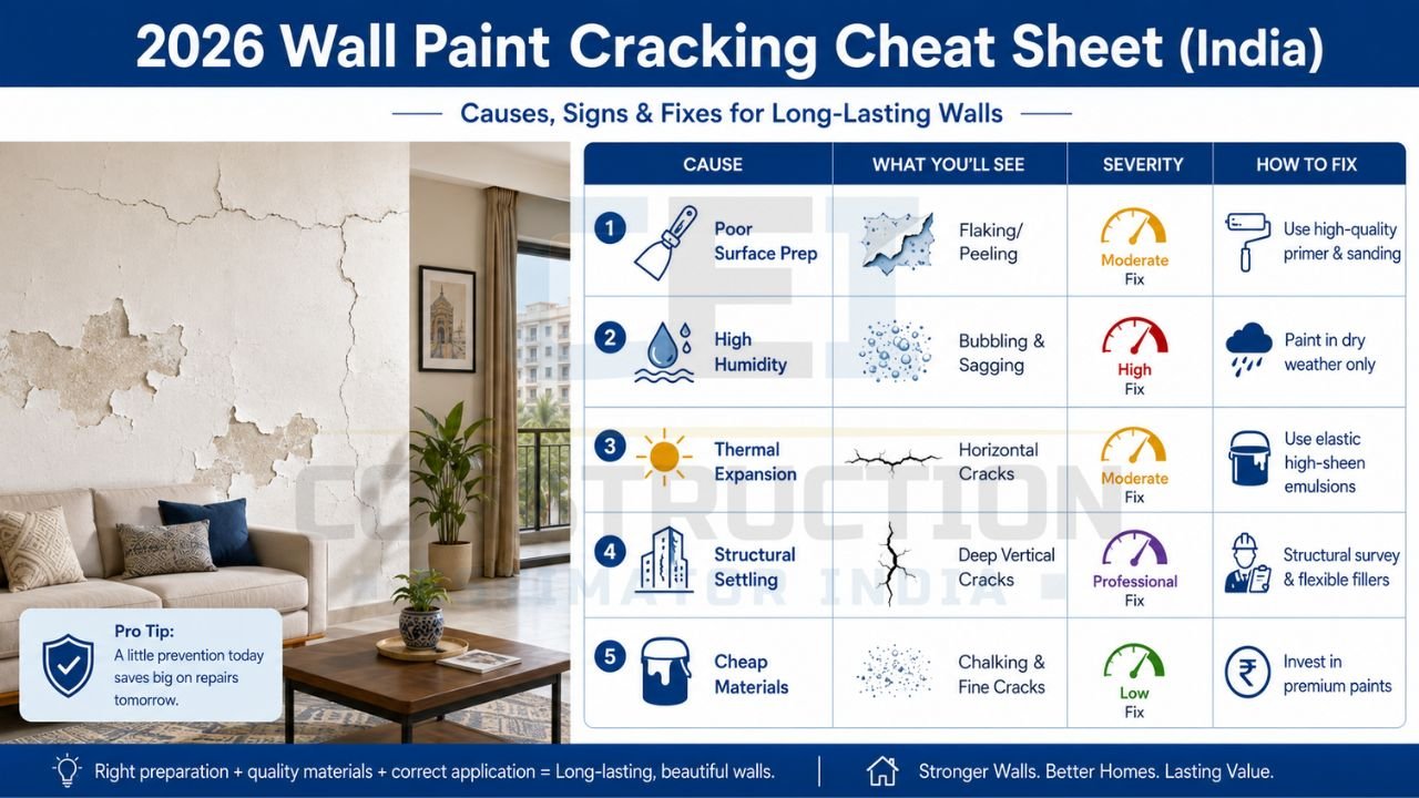 Wall paint cracking causes, signs, severity, and repair solutions infographic for Indian homes
