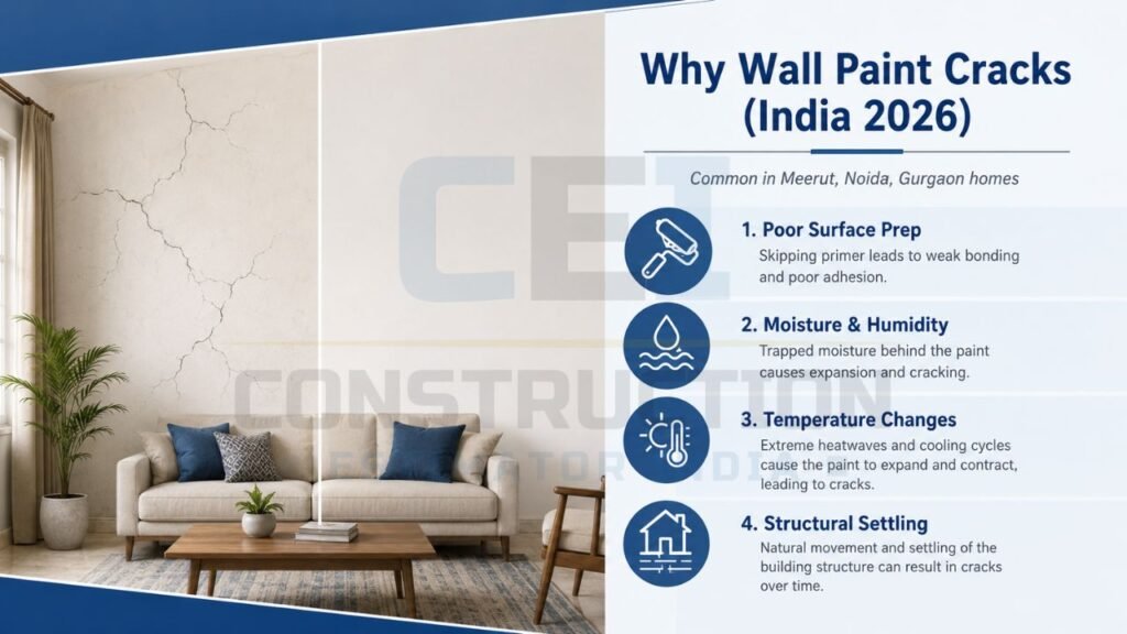Modern living room wall with structural cracks and infographic explaining paint cracking causes