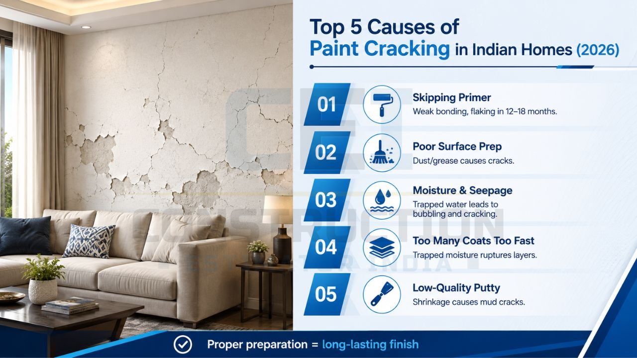 Cracked interior wall infographic explaining major causes of paint cracking in Indian homes