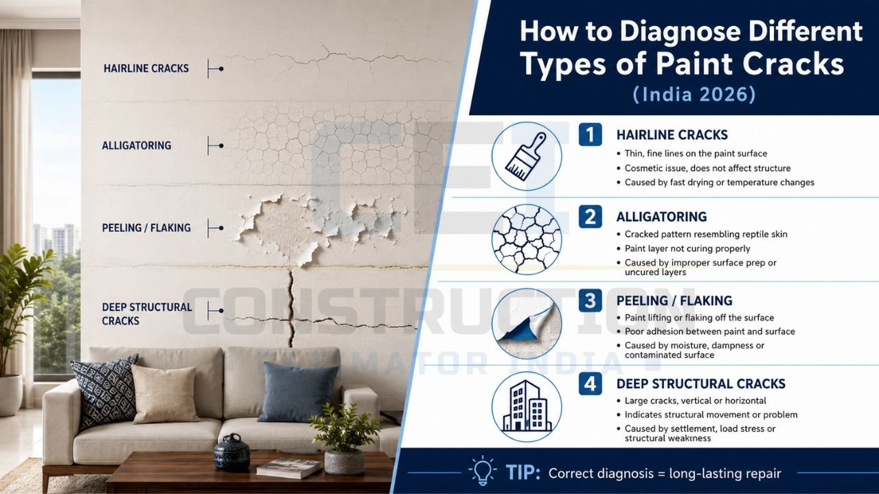 Interior wall showing hairline cracks, alligatoring, peeling paint, and deep structural cracks with diagnosis guide