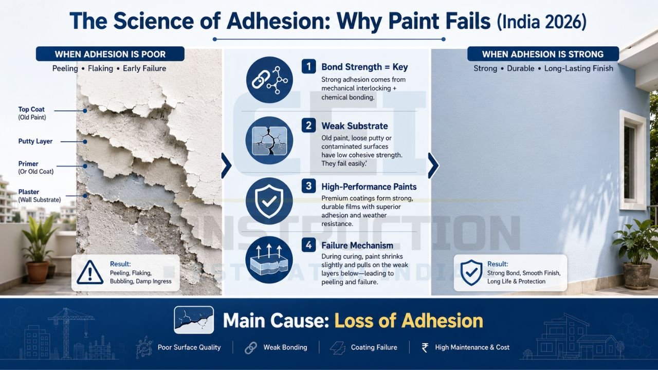 Paint adhesion infographic explaining bond strength, weak substrates, peeling layers, and coating failure mechanisms
