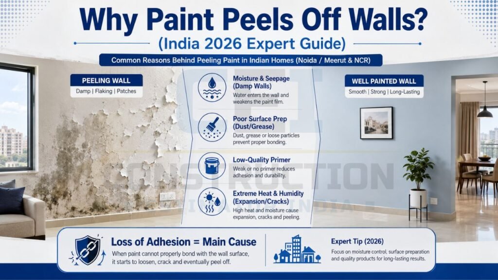 Wall paint peeling infographic showing dampness, poor surface preparation, bad primer, and humidity damage