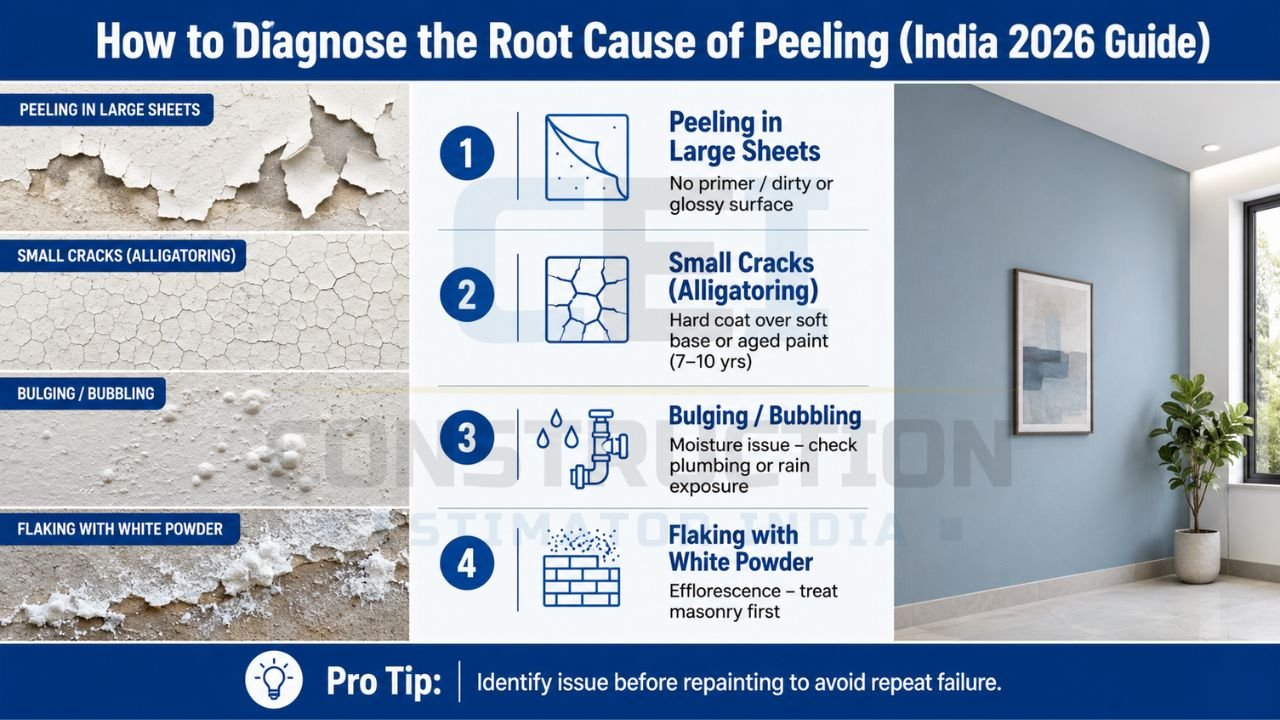 Paint peeling diagnosis guide showing alligator cracking, bubbling, flaking, and adhesion problems on walls