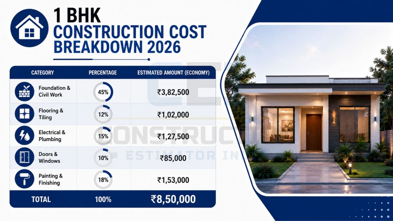 Infographic illustrating the cost breakdown of a 1 BHK house, including foundation, flooring, electrical, plumbing, doors, windows, painting, and finishing with percentage-wise budget allocation.