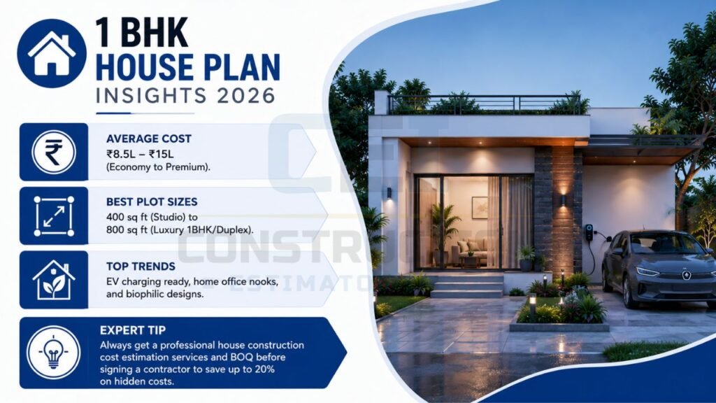 1 BHK house planning infographic featuring average construction cost, recommended plot sizes, modern design trends, and expert construction tips with a contemporary home design.