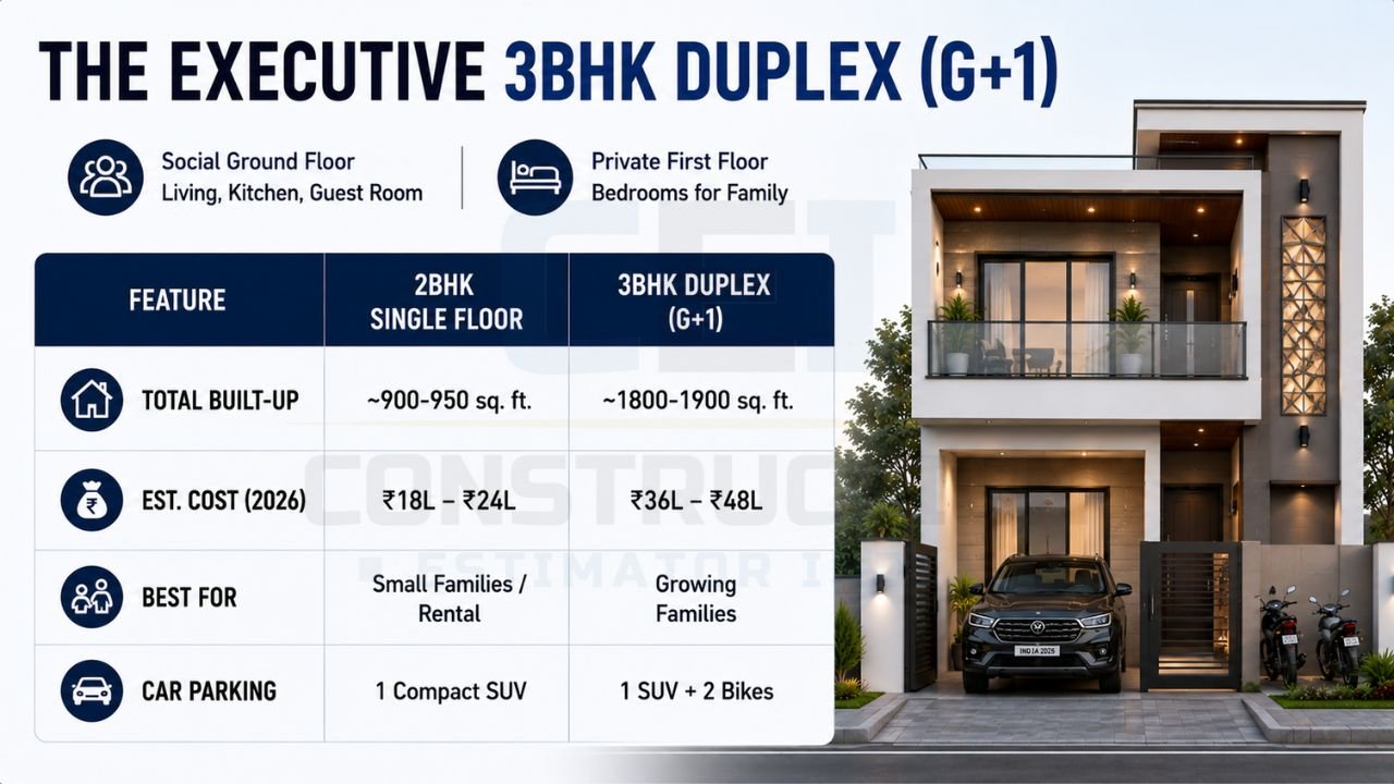 Infographic comparing a 2BHK single-floor home with a 3BHK G+1 duplex, including built-up area, construction cost, parking, and suitability for different family sizes.