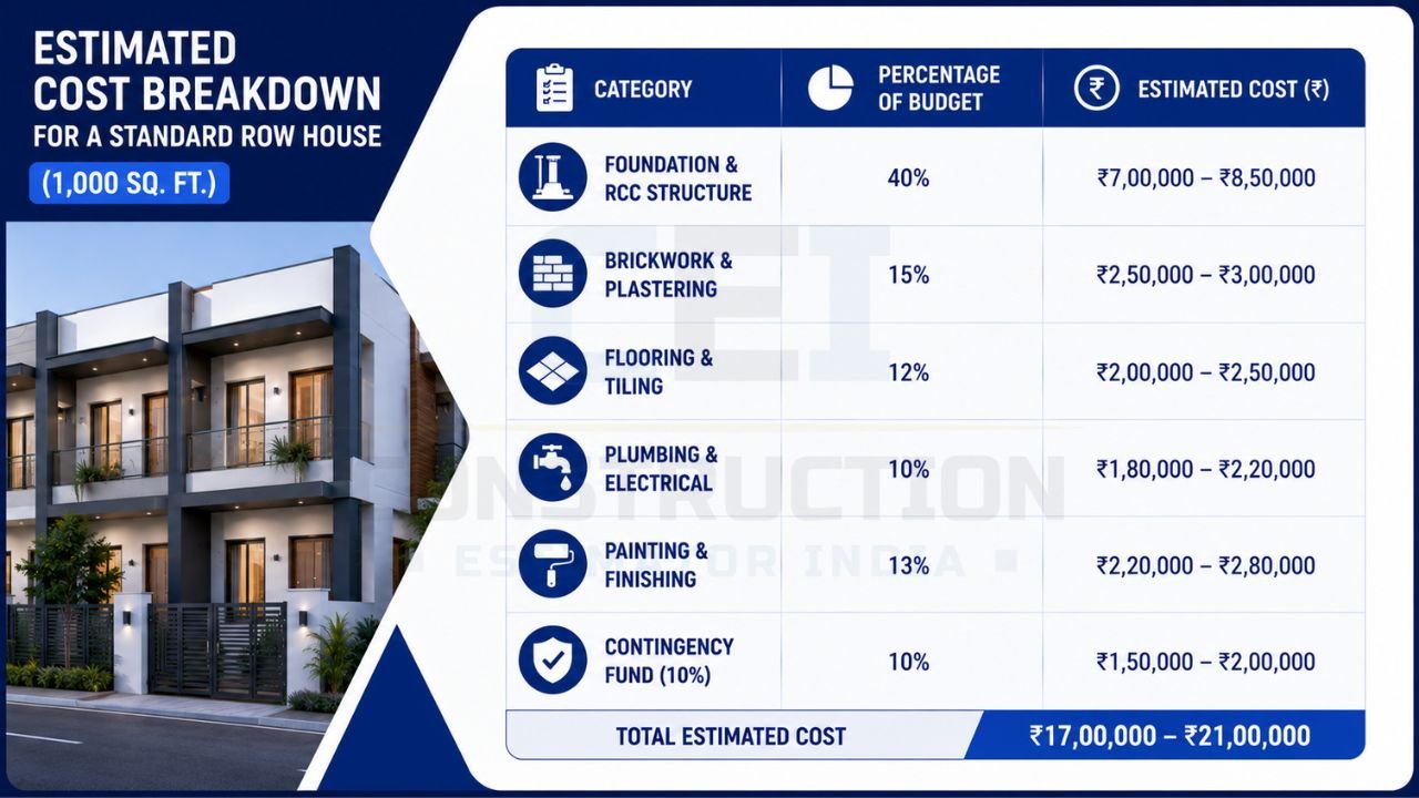 Construction cost breakdown infographic for a 1000 sq ft row house showing foundation, brickwork, flooring, plumbing, painting, contingency, and total estimated budget.