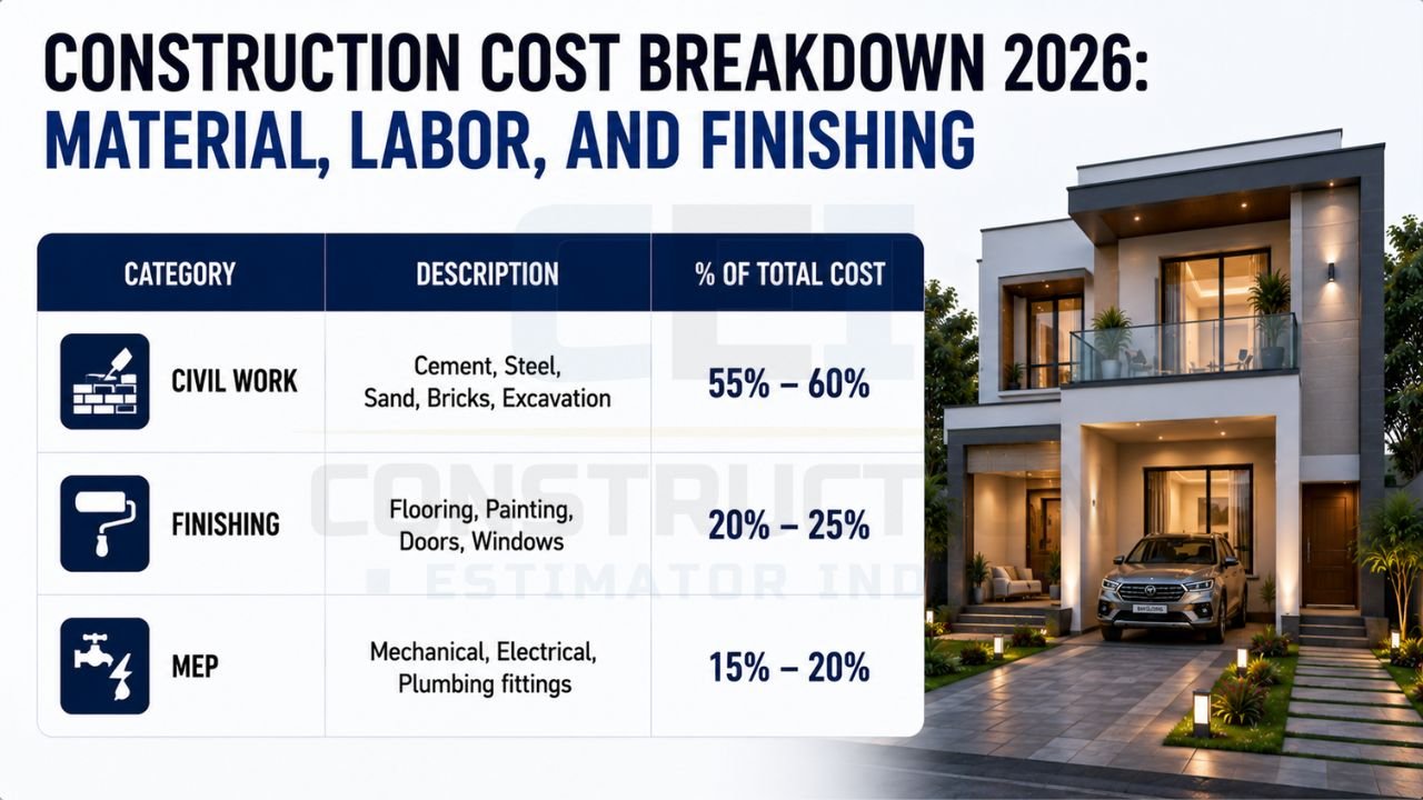 Infographic illustrating the percentage distribution of construction costs for a 1200 sq ft house across civil work, finishing, and MEP services.