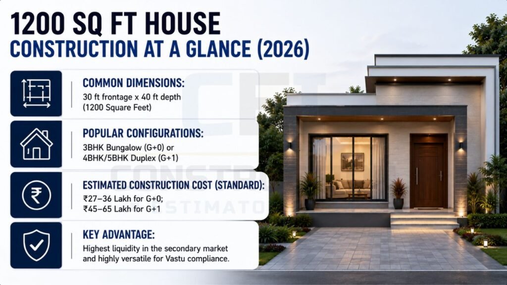 Infographic summarizing common dimensions, popular house configurations, estimated construction costs, and key advantages of a 1200 sq ft house in India.