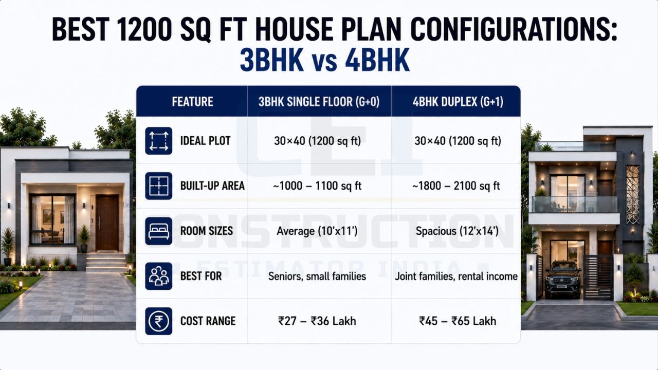Infographic comparing 3BHK single-floor and 4BHK duplex house plans for a 1200 sq ft plot, including built-up area, room size, cost, and ideal family type.