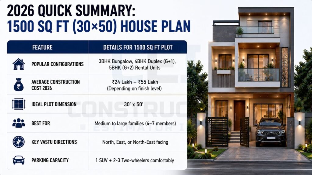 Infographic summarizing popular configurations, construction costs, ideal plot size, Vastu directions, parking capacity, and suitability of a 1500 sq ft (30×50) house plan.