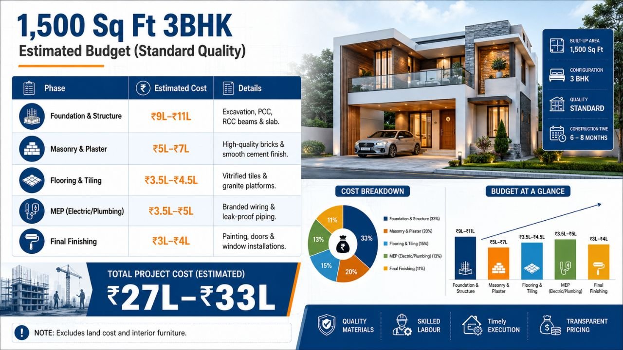 1,500 sq ft 3BHK house construction budget showing foundation, masonry, flooring, MEP, finishing costs and total construction estimate