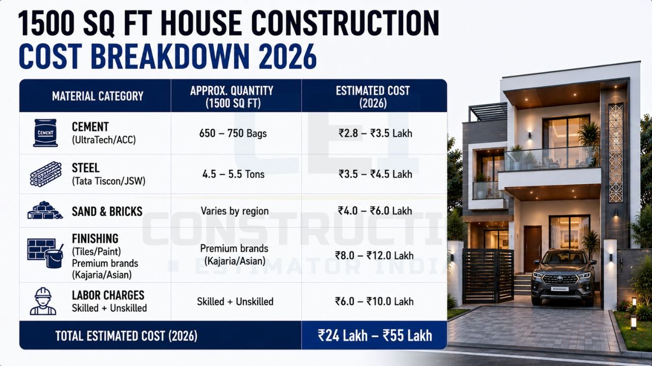 Infographic showing estimated material quantities and construction costs for cement, steel, sand, bricks, finishing, and labor required for a 1500 sq ft house.