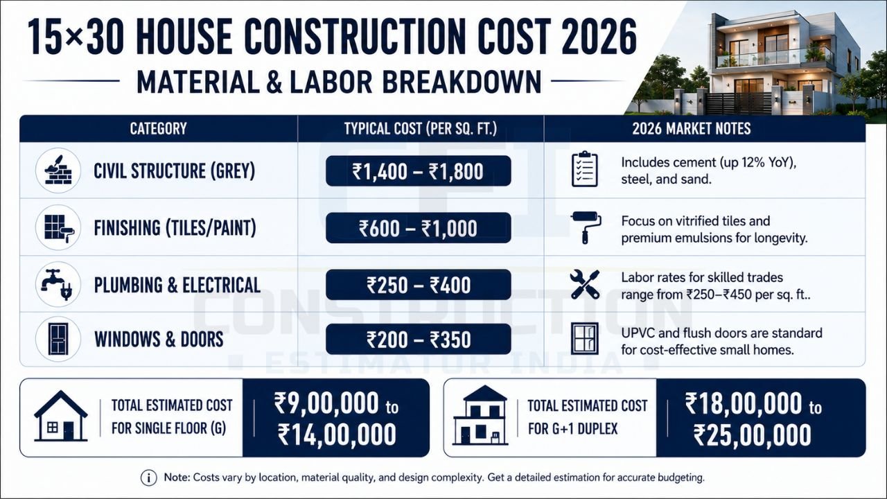 15×30 house construction cost infographic showing civil work, finishing, plumbing, electrical, doors, windows, and total budget estimates.