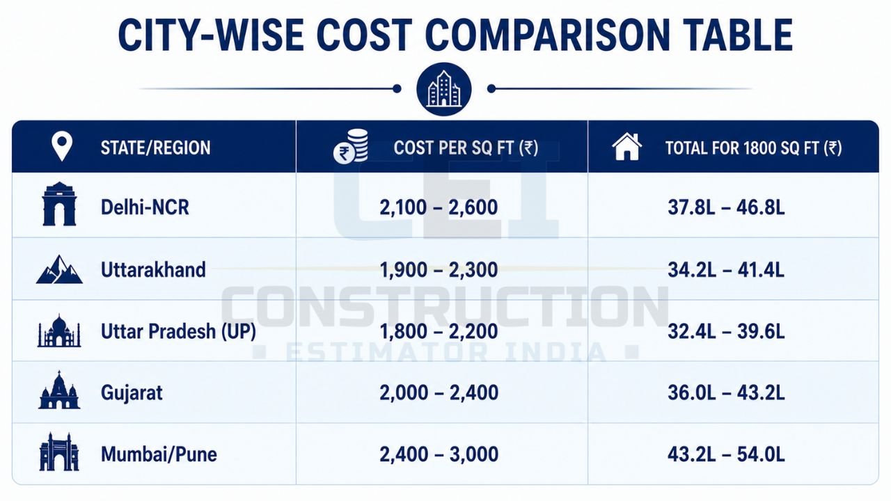 1800 sq ft house construction cost comparison across Delhi NCR, Uttarakhand, Uttar Pradesh, Gujarat, and Mumbai with cost per square foot and total estimated construction cost.